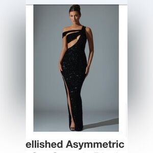 Oh Polly Black One-Shoulder Sequin Cutout Gown